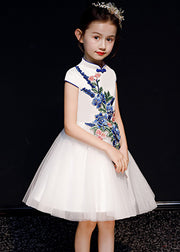 Stylish White Embroideried Button Tulle Girls Long Dress Summer