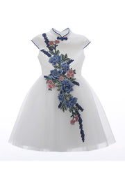 Stylish White Embroideried Button Tulle Girls Long Dress Summer