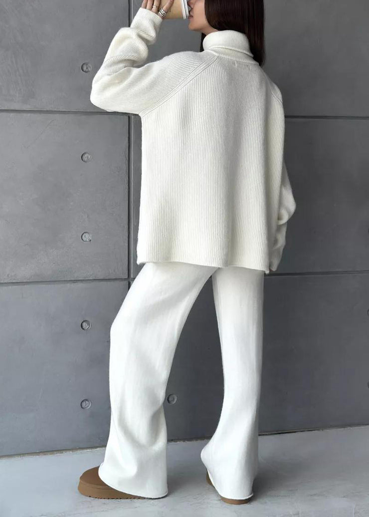 Stylish White High Neck Zip Up Knit Women Sets 2 Pieces Spring