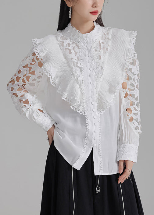 Stylish White Hollow Out Button Cotton Shirts Spring