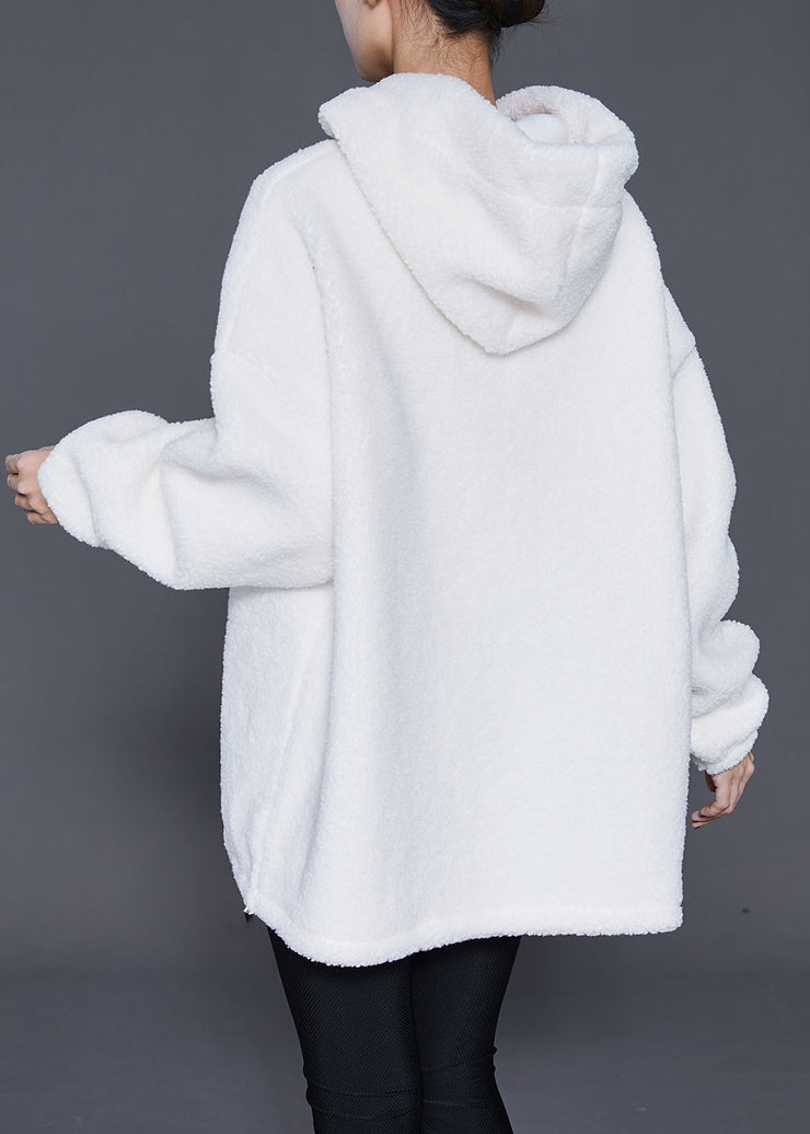 Stylish White Hooded Drawstring Faux Fur Sweatshirts Top Winter