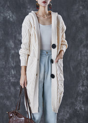 Stylish White Hooded Pockets Cable Knit Coats Winter