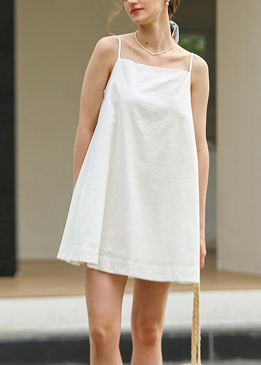 Stylish White Linen Mid Spaghetti Strap DressSleeveless