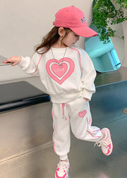 Stylish White O Neck Heart Patchwork Cotton Baby Girls Sport Suit Two Pieces Fall