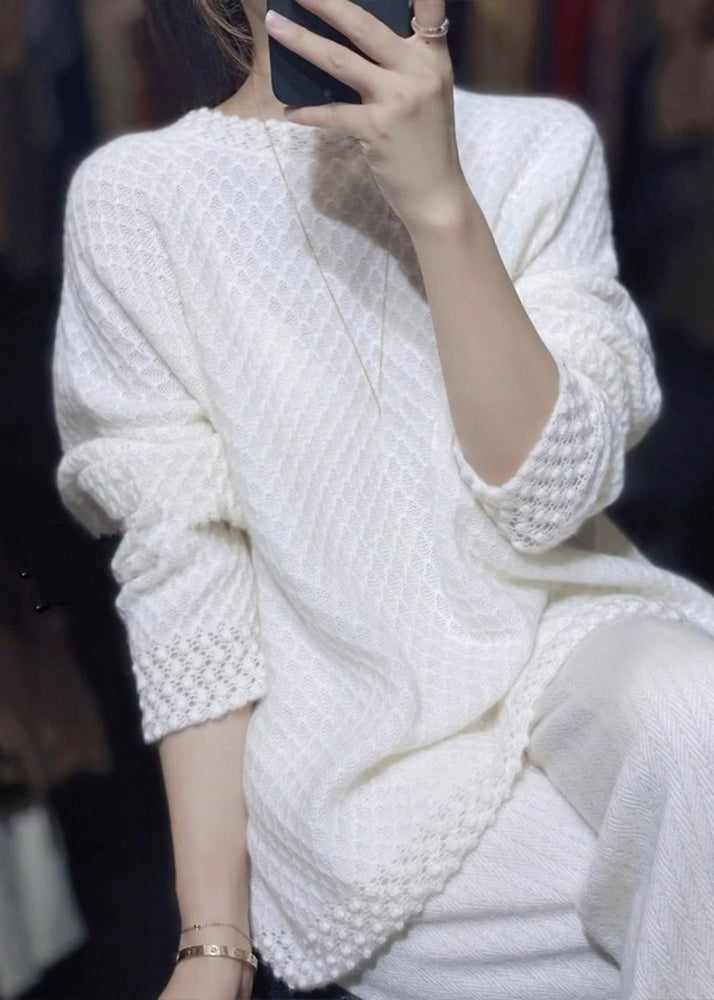 Stylish White O Neck Jacquard Patchwork Woolen Sweaters Fall