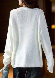 Stylish White O-Neck Nail Bead Cotton Knit Sweater Spring