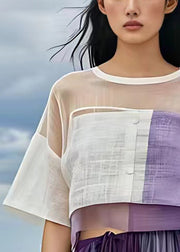 Stylish White O-Neck Patchwork Cotton Tops Summer
