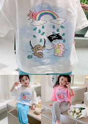 Stylish White O Neck Print Cotton Kids Girls T Shirts Summer