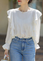 Stylish White O-Neck Ruffled Patchwork Chiffon Shirts Spring