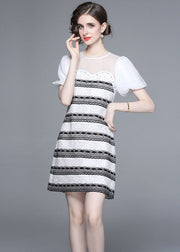 Stylish White O-Neck Zircon Tulle Patchwork Lace Mid Dress Summer