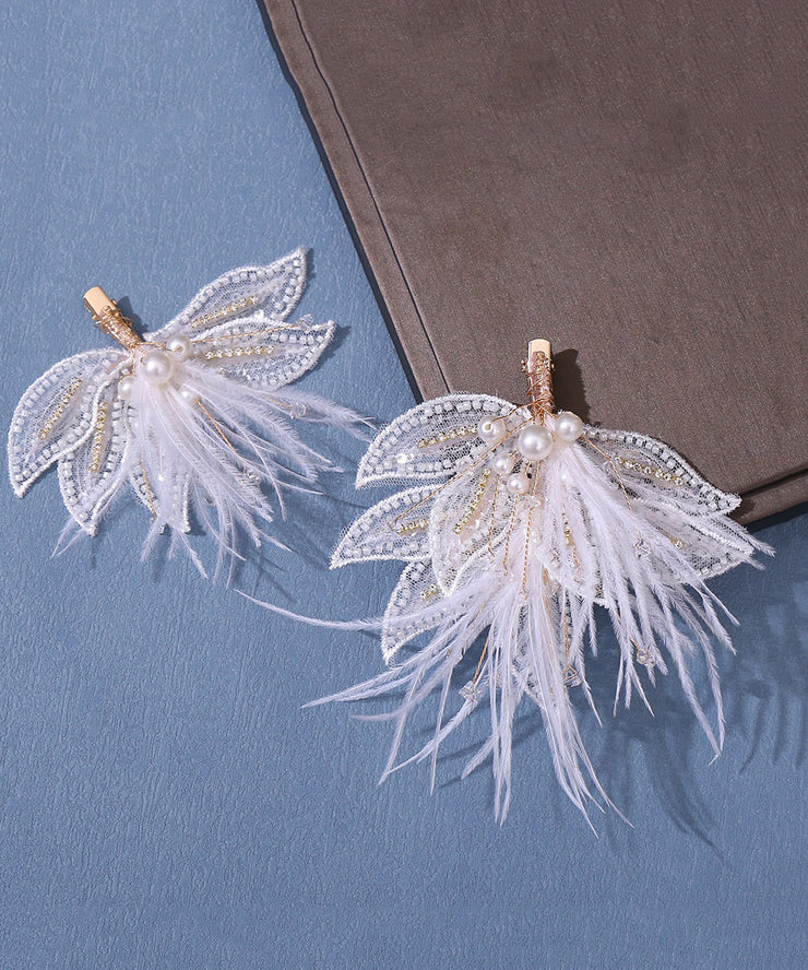 Stylish White Overgild Pearl Feather Tulle Girls Hairpin Two Piece Set