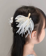 Stylish White Overgild Pearl Feather Tulle Girls Hairpin Two Piece Set