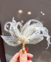 Stylish White Overgild Pearl Feather Tulle Girls Hairpin Two Piece Set