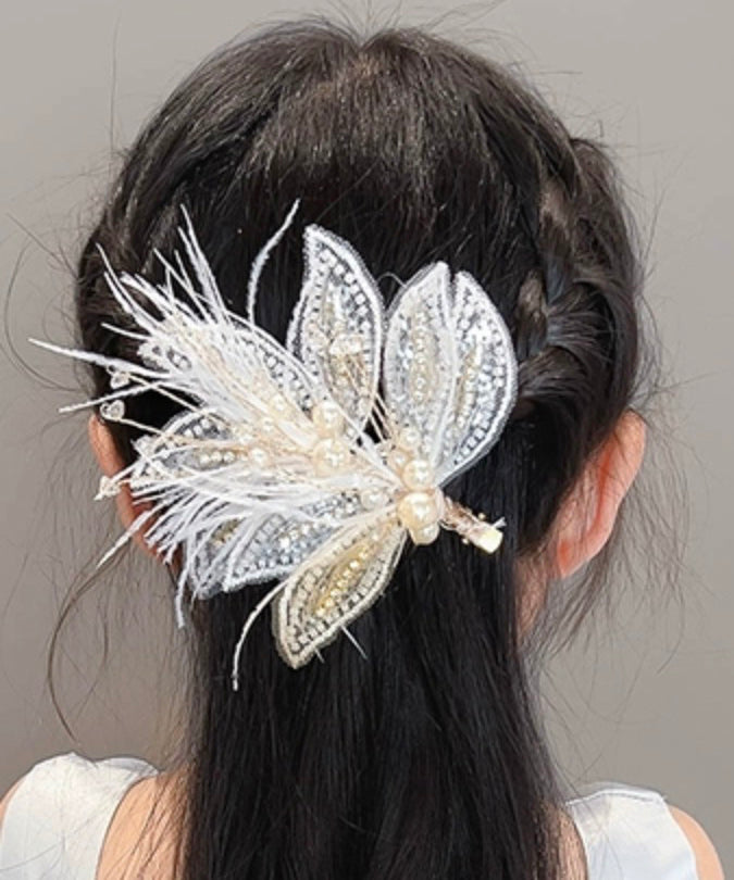 Stylish White Overgild Pearl Feather Tulle Girls Hairpin Two Piece Set