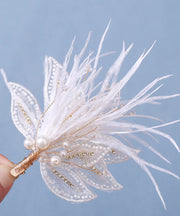 Stylish White Overgild Pearl Feather Tulle Girls Hairpin Two Piece Set