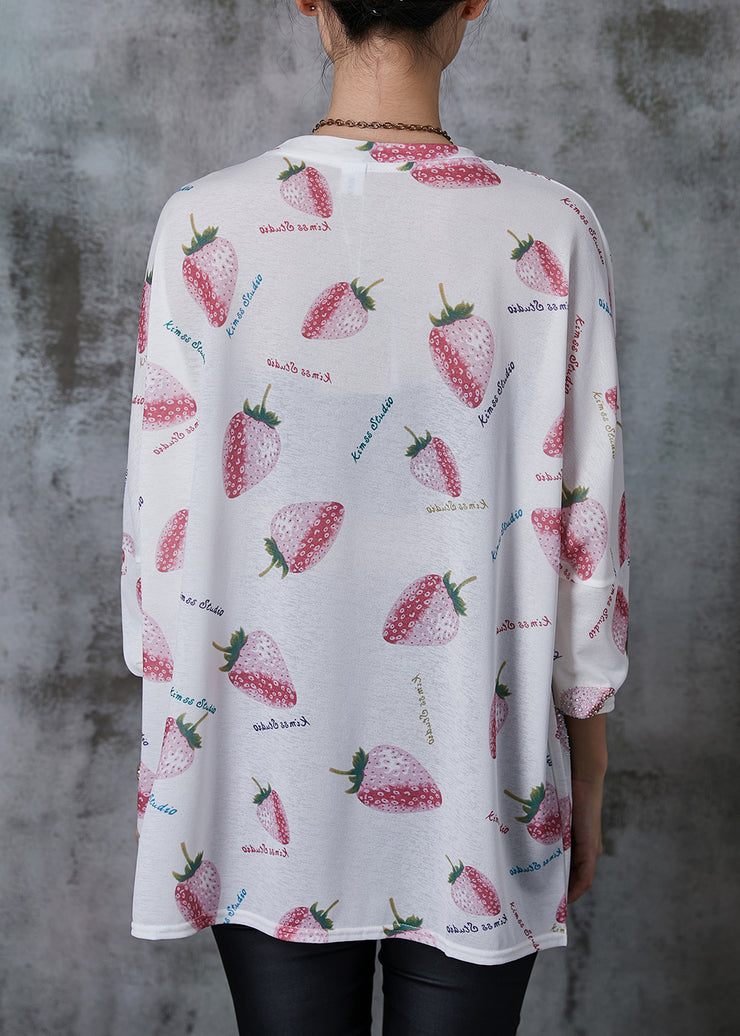 Stylish White Oversized Zircon Strawberry Cotton Shirt Tops Summer