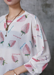 Stylish White Oversized Zircon Strawberry Cotton Shirt Tops Summer