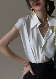 Stylish White Peter Pan Collar Silk Cotton Shirt Short Sleeve