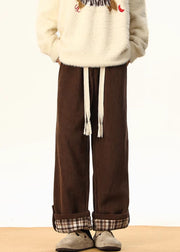 Stylish White Plaid Lace Up Warm Fleece Corduroy Mens Pants Winter