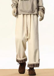 Stylish White Plaid Lace Up Warm Fleece Corduroy Mens Pants Winter