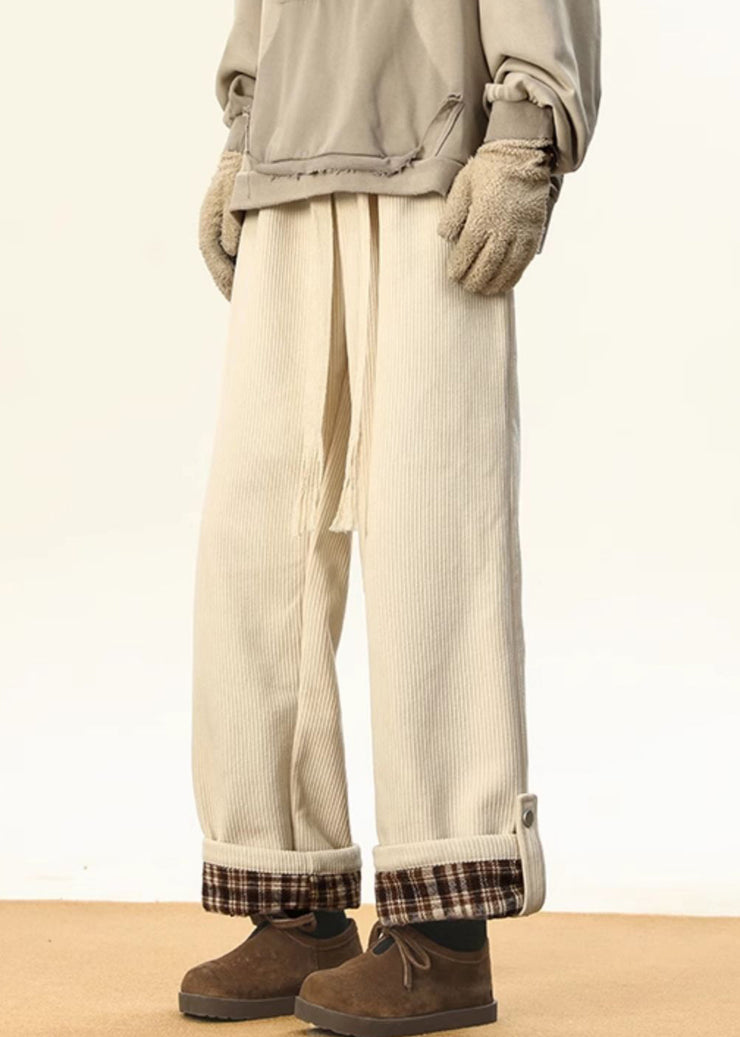 Stylish White Plaid Lace Up Warm Fleece Corduroy Mens Pants Winter