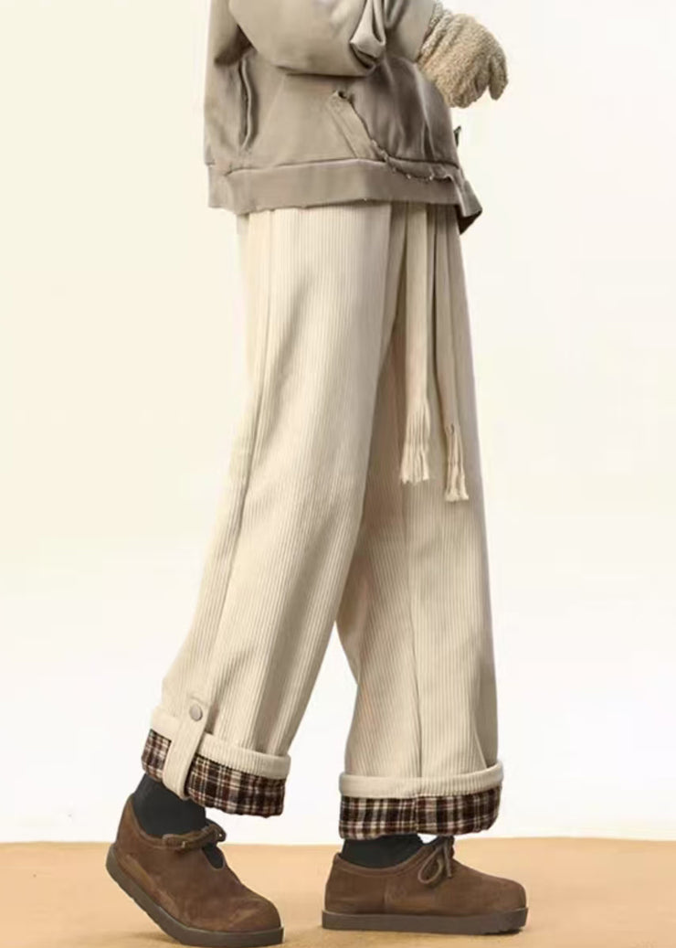 Stylish White Plaid Lace Up Warm Fleece Corduroy Mens Pants Winter