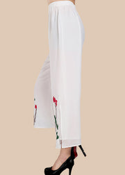 Stylish White Pockets Print Wide Leg Pants Summer