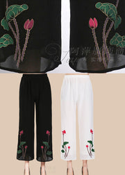 Stylish White Pockets Print Wide Leg Pants Summer