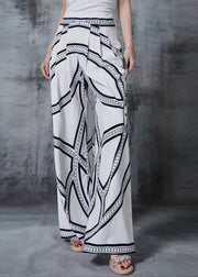 Stylish White Print Chiffon Straight Pants Spring