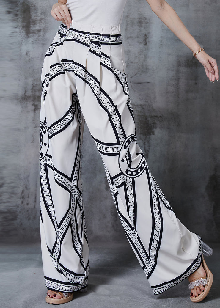 Stylish White Print Chiffon Straight Pants Spring