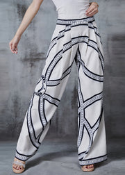 Stylish White Print Chiffon Straight Pants Spring