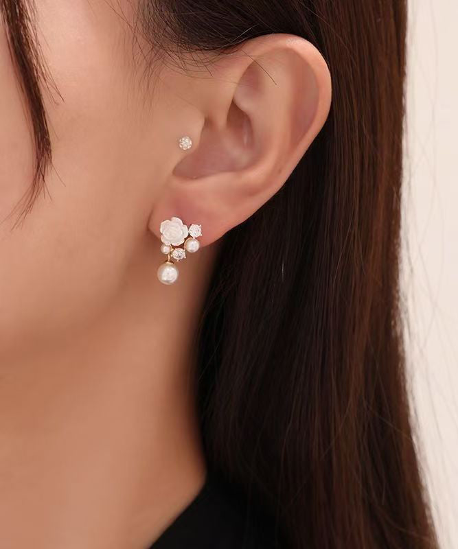 Stylish White Rose Flower Micro-Set Pearl Earrings