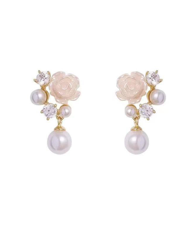 Stylish White Rose Flower Micro-Set Pearl Earrings