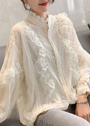 Stylish White Ruffled Button Patchwork Lace Shirts Top Fall