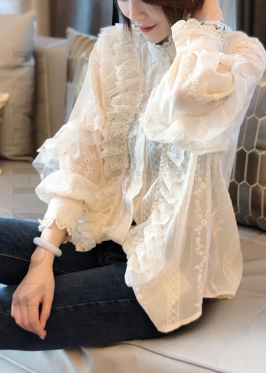 Stylish White Ruffled Button Patchwork Lace Shirts Top Fall