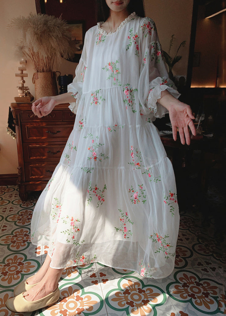 Stylish White Ruffled Embroidered Chiffon Long Dresses Fall