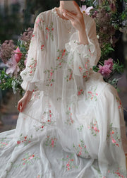 Stylish White Ruffled Embroidered Chiffon Long Dresses Fall