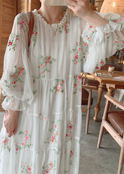 Stylish White Ruffled Embroidered Chiffon Long Dresses Fall