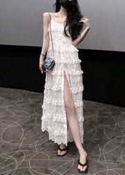 Stylish White Ruffled Side Open Lace Spaghetti Strap Dress Sleeveless
