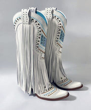 Stylish White Splicing Chunky Boots Tassel Embroidery