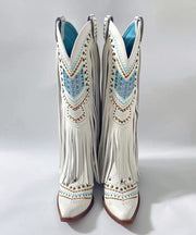 Stylish White Splicing Chunky Boots Tassel Embroidery