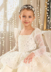 Stylish White Square Collar Sequins Patchwork Tulle Kids Long Dress Spring