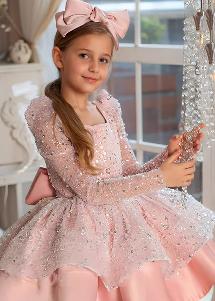 Stylish White Square Collar Sequins Patchwork Tulle Kids Long Dress Spring