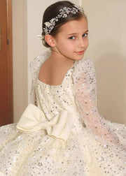 Stylish White Square Collar Sequins Patchwork Tulle Kids Long Dress Spring