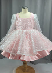 Stylish White Square Collar Sequins Patchwork Tulle Kids Long Dress Spring