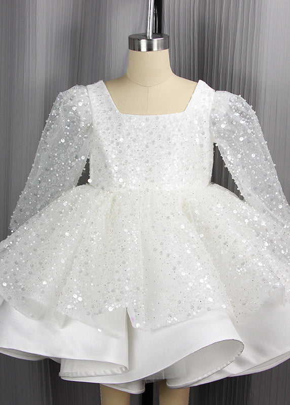 Stylish White Square Collar Sequins Patchwork Tulle Kids Long Dress Spring