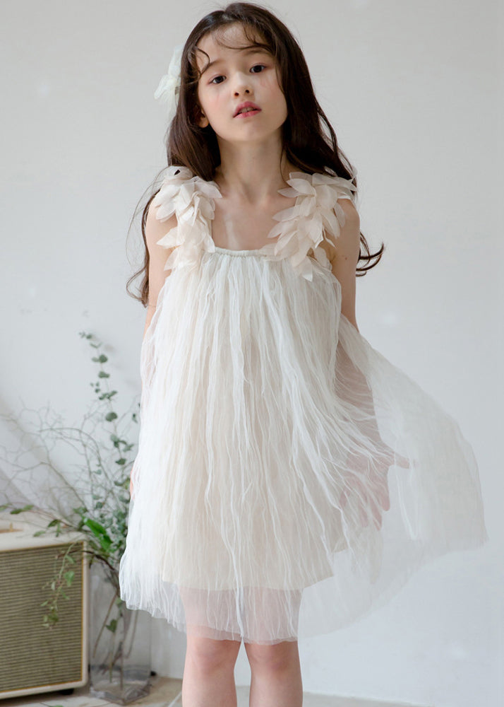 Stylish White Square Collar Solid Tulle Girls Dresses Sleeveless