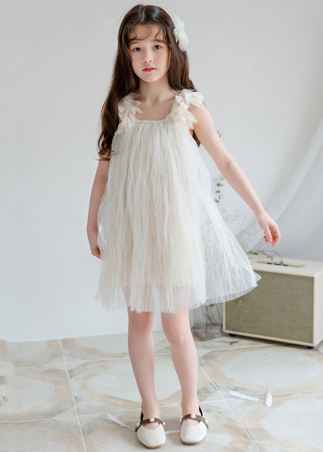 Stylish White Square Collar Solid Tulle Girls Dresses Sleeveless