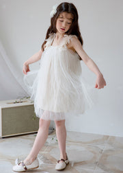 Stylish White Square Collar Solid Tulle Girls Dresses Sleeveless