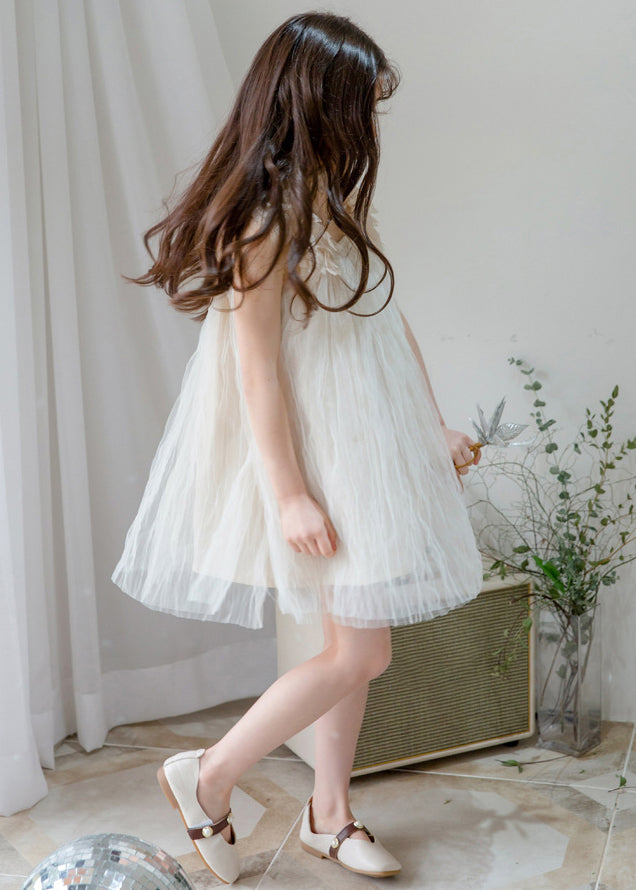 Stylish White Square Collar Solid Tulle Girls Dresses Sleeveless